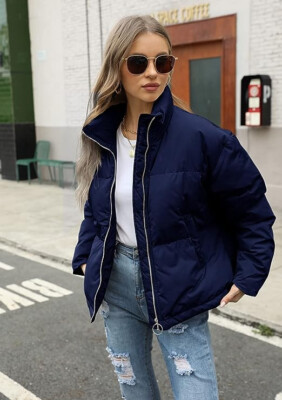 NWT $135 SZ MEDIUM NAVY BLUE DOWN CROPPED PUFFER JACKET COAT | eBay