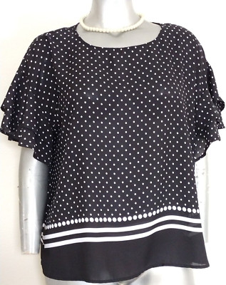 PLUS WOMAN E L L E TOP BLOUSE Size XXL White/black Polka Dot Flare Short Sleeves