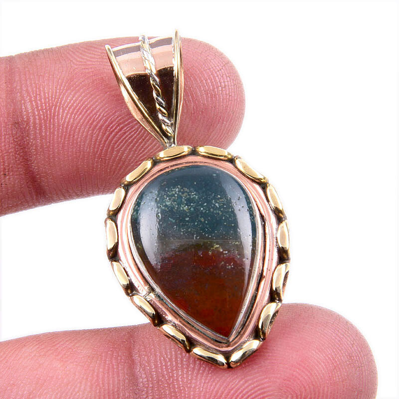 Natural Bloodstone Gemstone 925 Sterling Silver Two-Tone Pendant 1.5 Inch