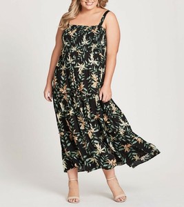 Autograph Shirred Black Palm Print Long 