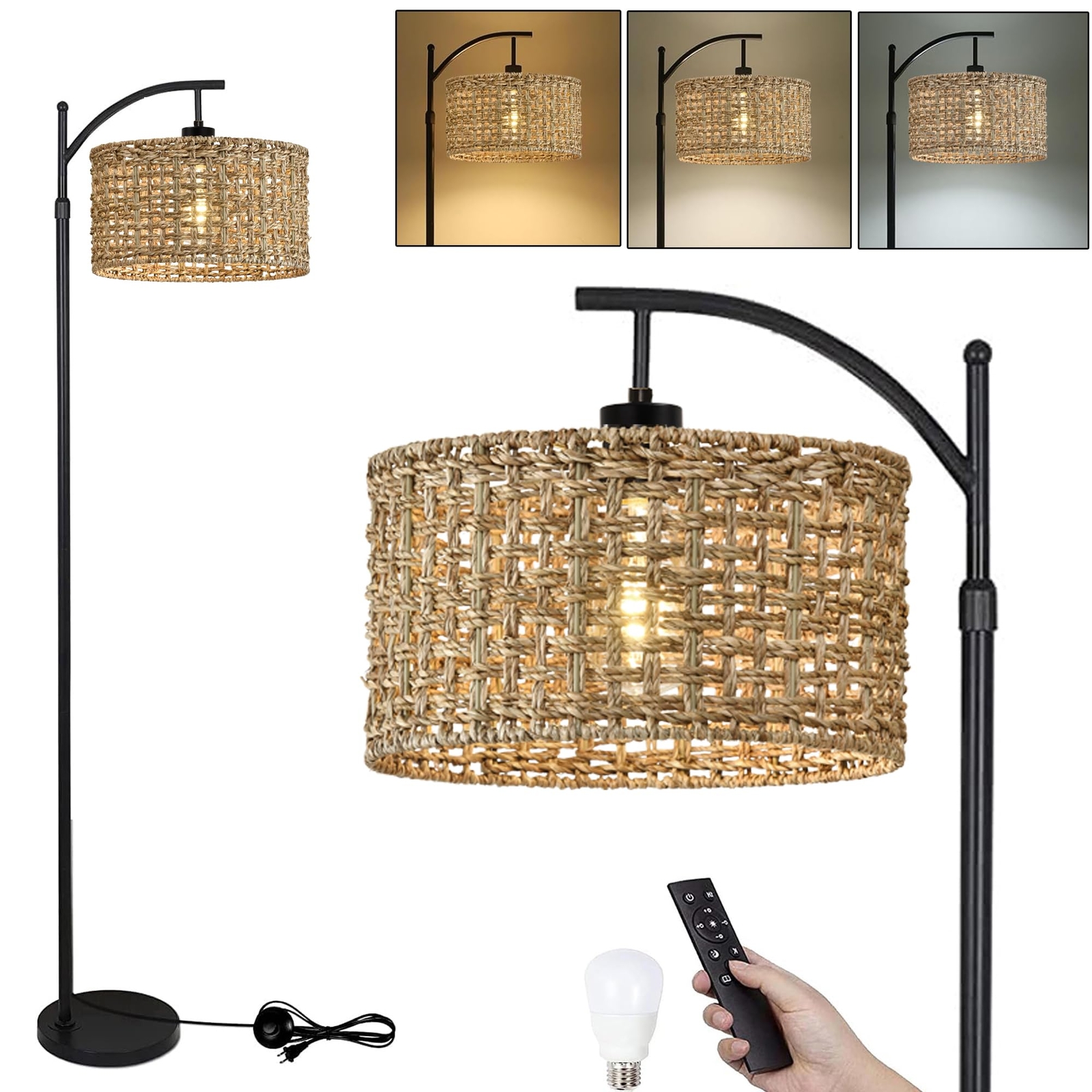 Arc Floor Lamp for Living Room with Remote Control,Farmhouse Boho Floor Lamps...
