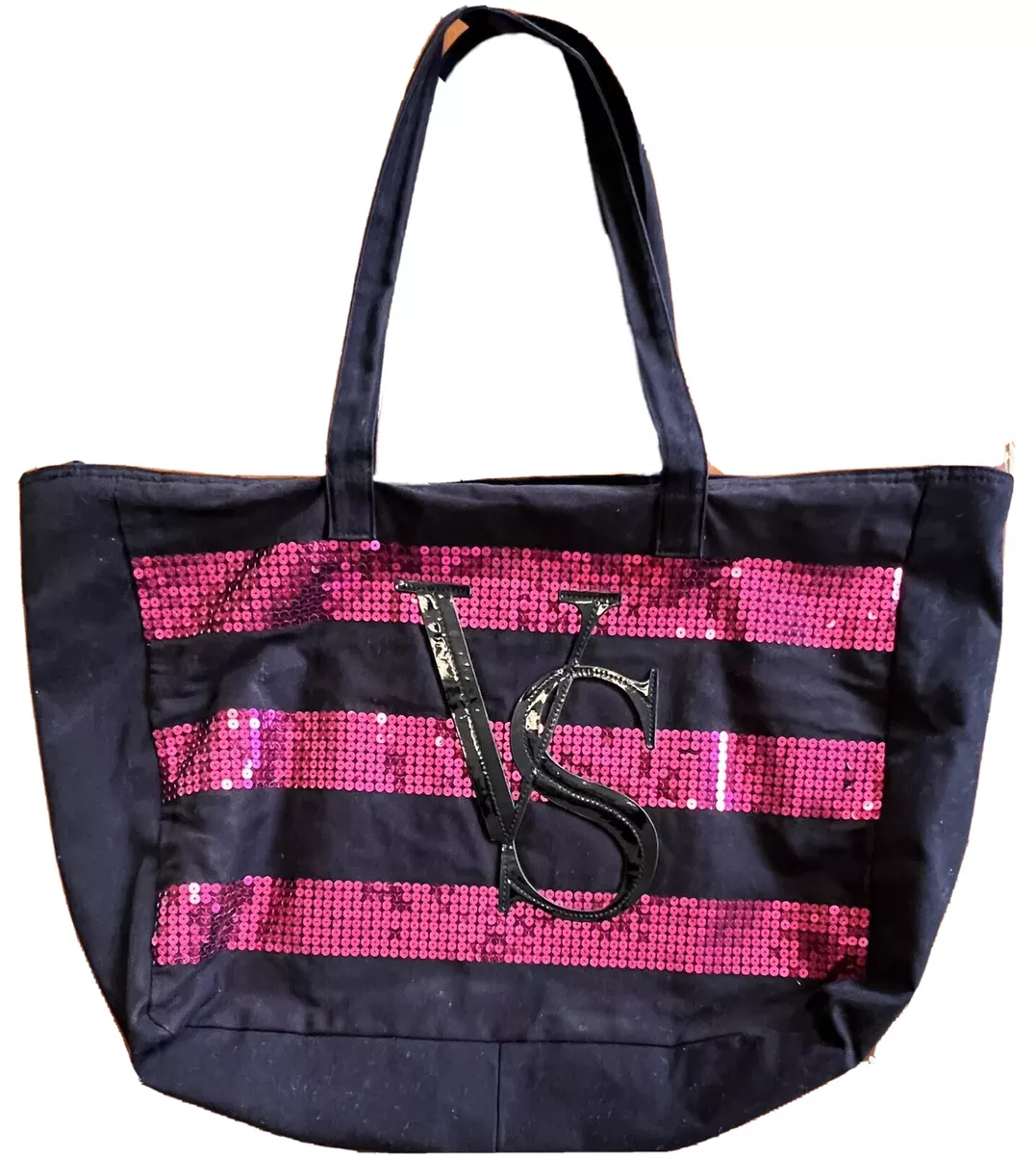 Victorias Secret Getaway Sequin Canvas Large Tote Black Canvas With Pink  Sequins