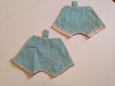 PAIR OF AQUA BLUE HIS AND HERS SHORTS POTHOLDERS WITH LACE TRIM AND EMROIDERY