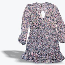 Mango MNG Mini Dress Smocked Womens Small Blue Pink Floral Long Sheer Sleeve NWT