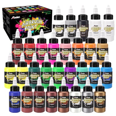 Airbrush Paint, 28 Colors x 1oz (30ml) with 2 Thinner, Ready to Spray, Non-To...