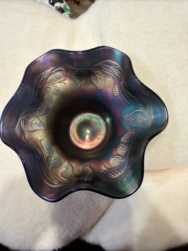 FENTON Blackberry Spray Cobalt Blue Carnival Glass Vase