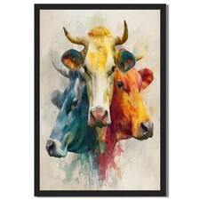 Colorful Cow Portraits Framed Canvas Print Farmhouse Wall Art Home Decor