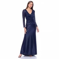 NWT Marina Front Twist Sequin Charm Gown Navy Blue M