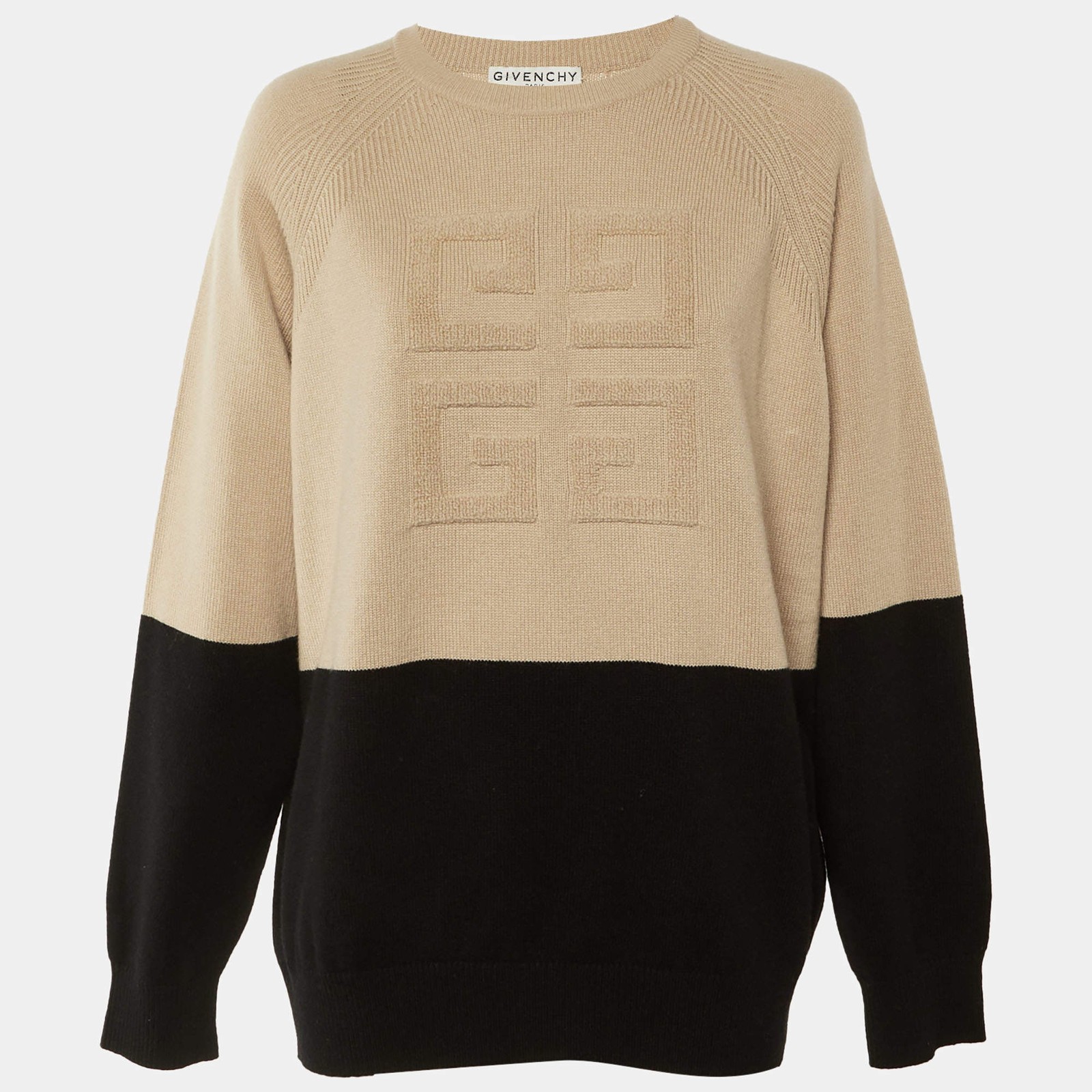 Givenchy BeigeBlack Logo Patterned Cashmere Crew … - image 1