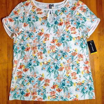 Zoe + Phoebe Floral Print Top Short Sleeve Womens Size M stretchy spring new