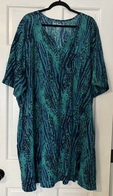 Ulla Popken Tunic Dress US 36/38 Green Geometric Stretch Comfort V-neck Cotton