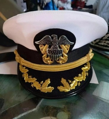 US Navy Officer White Visor Cap - Commander Captain Rank | Bullion Badge
