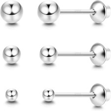 3 Pairs Ball Stud Earrings Screw Back 925 Sterling Silver Cartilage Earrings Stu