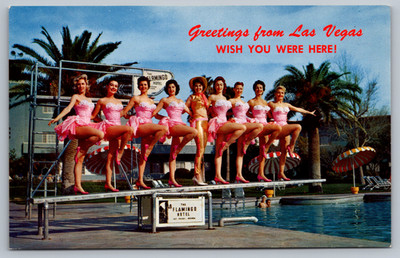 Postcard Greetings From Las Vegas Hotel Dancers The Flamingo Hotel Swimming Pool