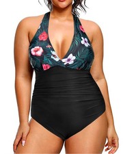 Women V Neck Plus Size Piece Swimsuits Tummy Control Ruched Bathing Suit Halt...