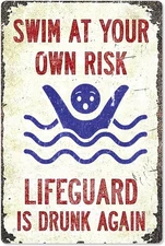 Pool Sign-'Swim at Your Own Risk'-Vintage Funny Tin Metal Signs for Decor Outd