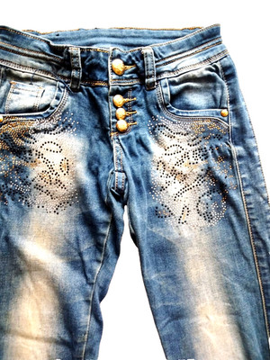 Mädchen Damen Denimhose Jeanshose Blau Baumwolle Strassteine Jeansblau Gr. XS/34