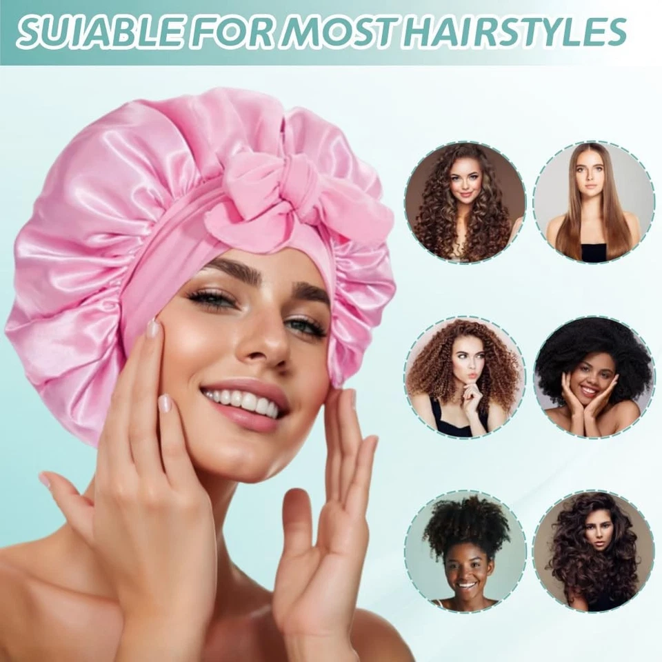 Women Satin Bonnet Night Sleep Cap Hair Hat Silk Head Cover Wide Elastic Band - Image 4 of 4