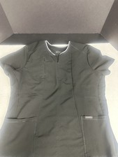 Jaanuu Women Scrub Top XL Black Short Sleeve V Neck 1/4 zip Pullover Pockets