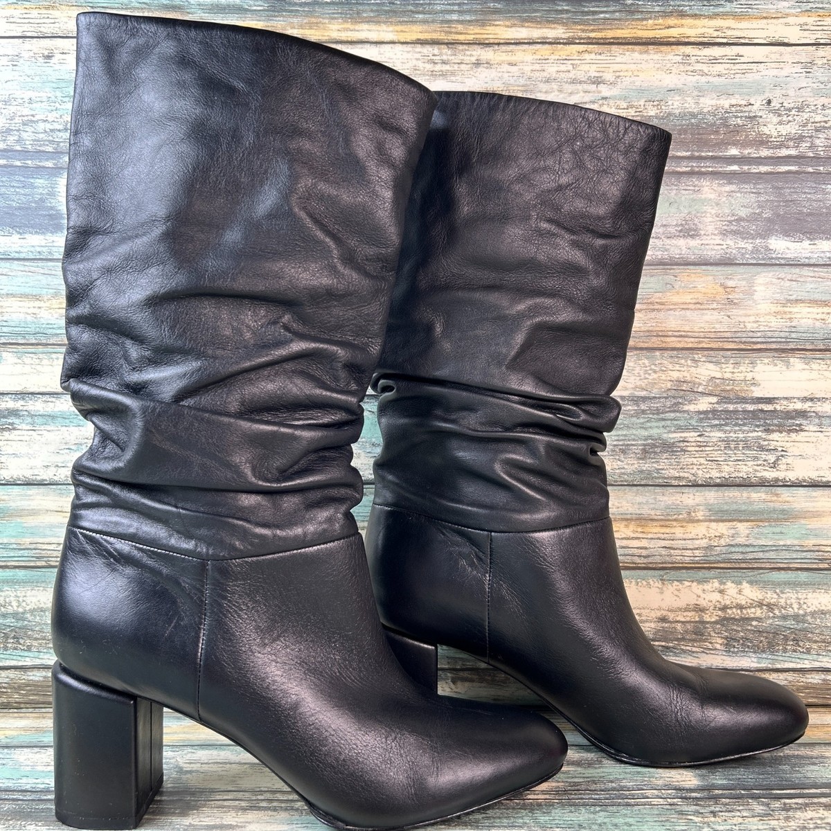 Via Spiga Mid-Calf Boots Womens Size 7M Black Leather Slouch Pull