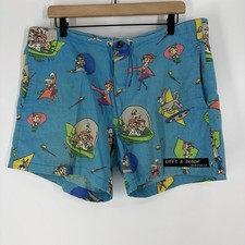 80s Lifes a Beach Shorts Size Large Mens 38 Teal Blue The Jetsons Print Vintage