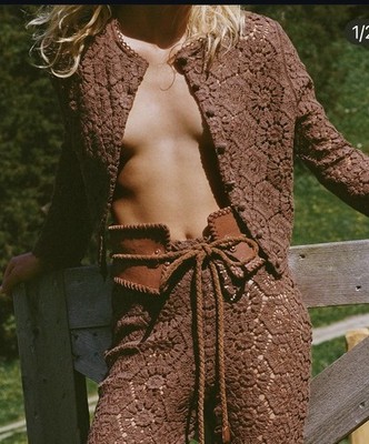 SPELL - Helena Crochet Long Sleeve Top Brown - Size Medium
