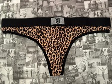 NWT Victoria's Secret VS LOGO Shine Patch cotton Logo Thong Panty Leopard Medium