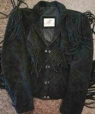 Vintage Black Suede Leather Fringe Jacket Western Boho Cowgirl Pioneer Size S