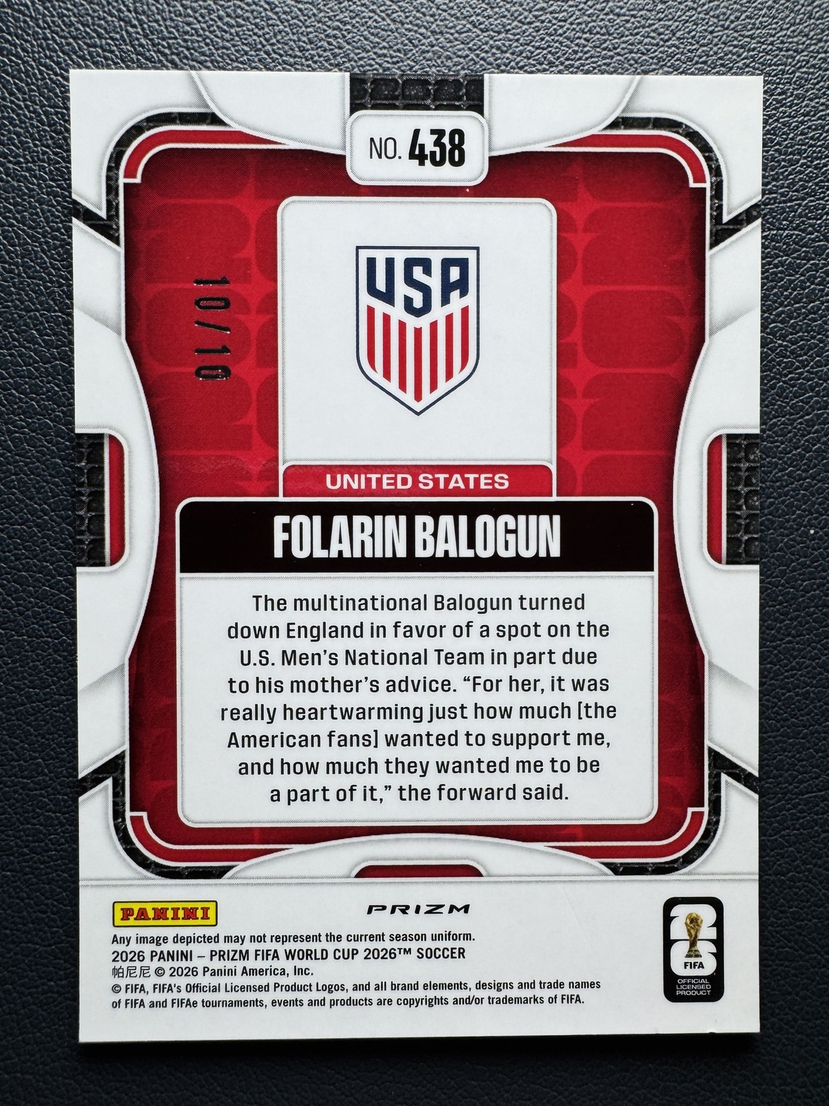 2026 Panini Prizm World Cup Folarin Balogun Celestial Lattice GOLD 10/10≈1/1 view 2