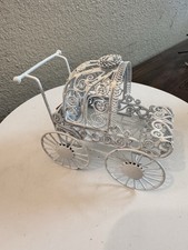 Ornate Miniature Dollhouse Metal Pram Baby Carriage White Filigree