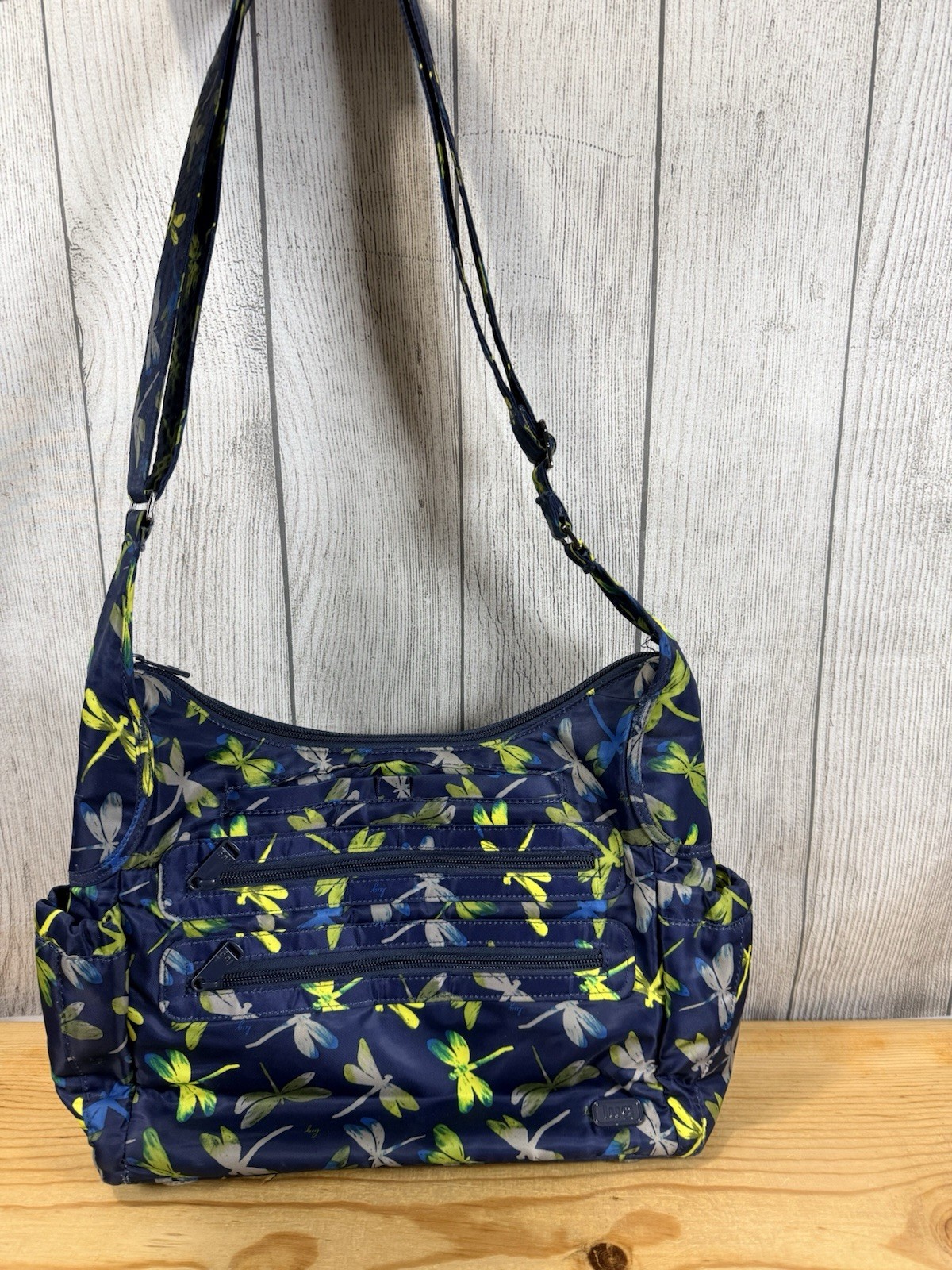 LUG Camper Crossbody Bag Navy Dragonfly's Chartreuse Large