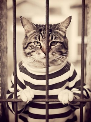 Katze Gefangene hinter Gittern im gestreiften Outfit lustiger Vintage Gefängnis Fotodruck A1-A4