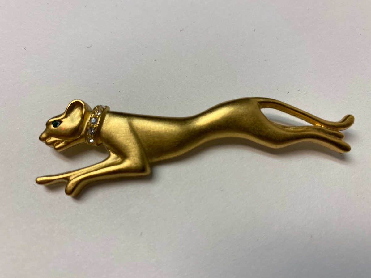Vintage Jackie Collins Cougar Cheetah Jaguar Cat Brooch Green Rhinestone  Eyes