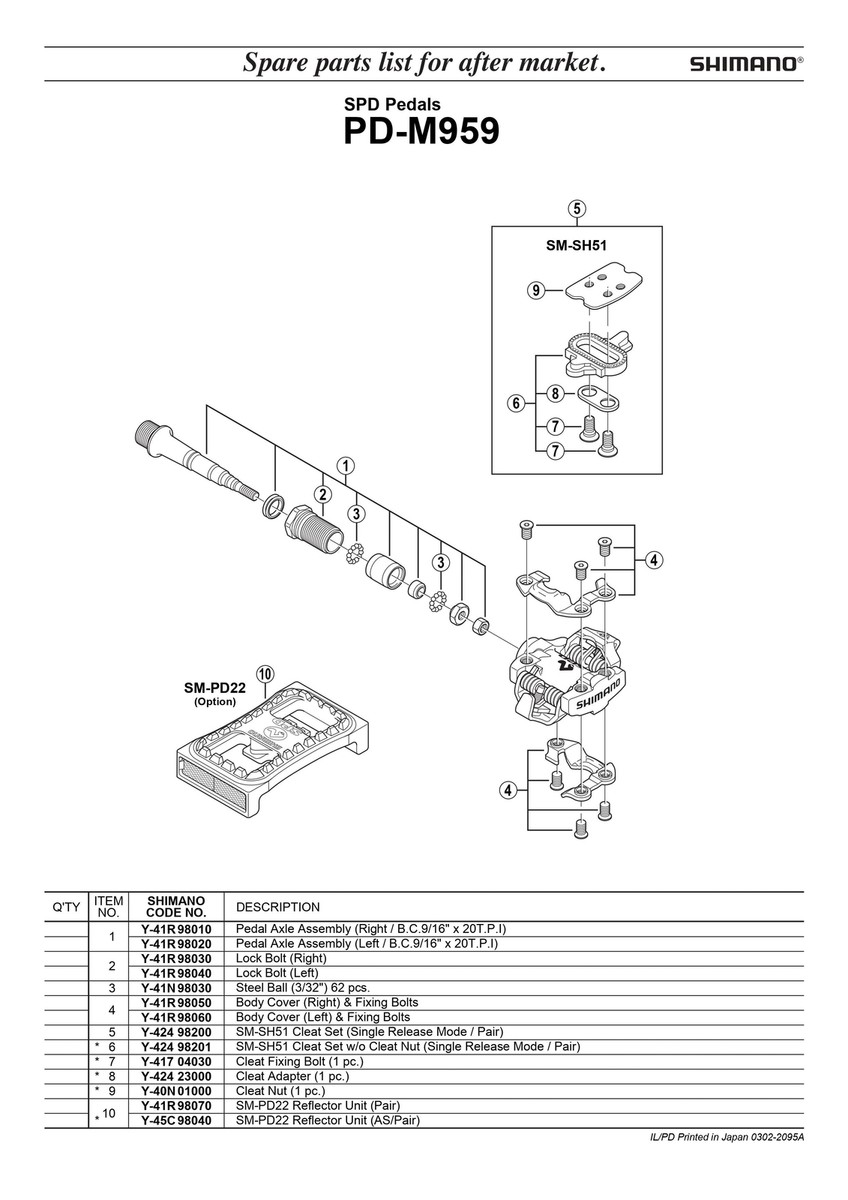 SHIMANO PD-M959 SM-PD22 SPD Pedals Reflector Unit Pair