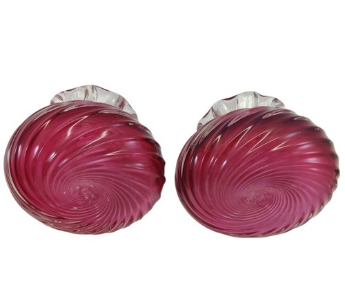 2 x Vintage Hand Blown Cranberry Art Glass Bud Vases Swirl Ruffle Edge - Picture 9 of 12
