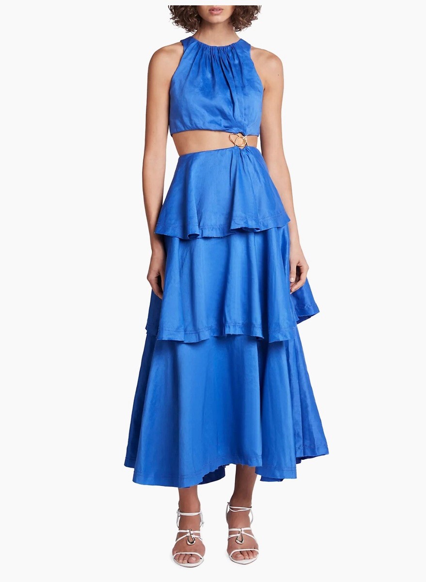 verona light blue floral print off the shoulder lace dress L'AGENCE Ralphie Lace Midi Dress In Allure Blue/Ivory