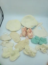 Antique Baby Clothes Crocheted Knotted Pair Booties , Bib And Hat