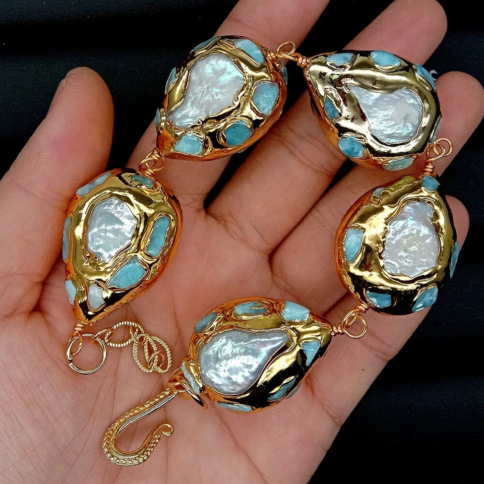 9" Freshwater White Pearl Teardrop Shape Blue larimar Gold Plated Bracelat - Image 3 of 4