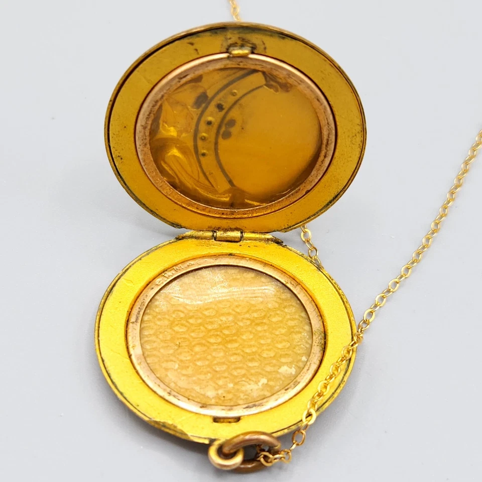 Collar Medallón Media Luna Repousse Flor Iris Pasta Relleno Oro Art Nouveau 18" Foto 3 de 4