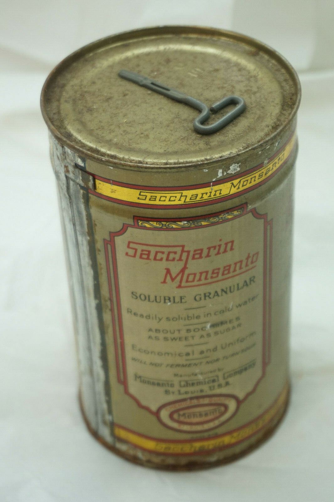 ANTIQUE COUNTRY STORE DRUG STORE SACCHARIN MONSANTO TIN 1 LB KEY WIND