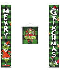 3 PC GRINCH Christmas Banner Porch Decorations Sign Door Banner Xmas Party