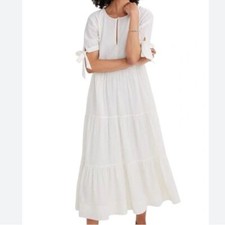 Madewell Tie-Sleeve Tiered Midi Dress in Swiss Dot xxs