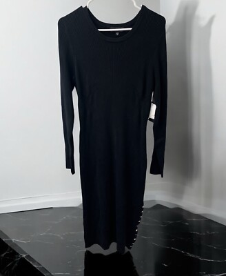 NWT GUESS Bodycon Ribbed Knit Sweater Dress Black Size XL Snaps Slit Long  Sleeve