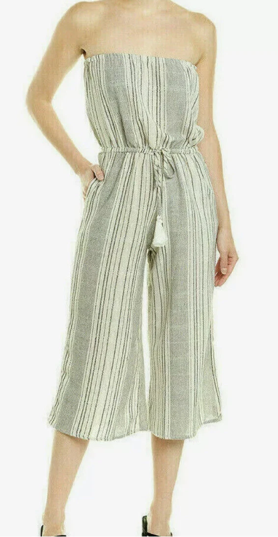 ELAN Strapless Wide Leg Jumpsuit Cover Up Culotte Beige Striped Medium NWT