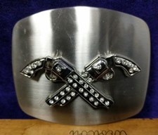 Great/Fun/Fashionable Belt Buckle Cross Guns Rhinestone Flare Silvertone Western