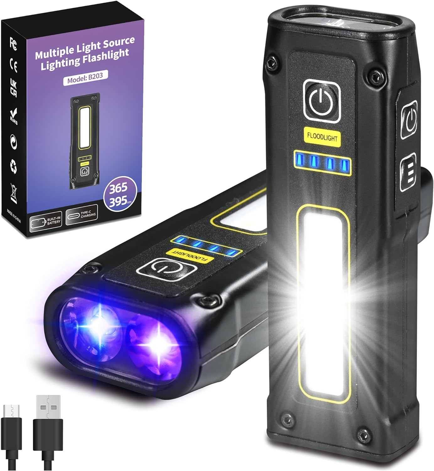 UV Flashlight 365+395 Blacklight, LED EDC Flashlights High Lumen USB C Rechargea