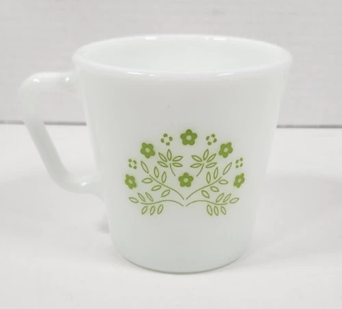 Vintage Pyrex Summer Impressions Green Flower Milk Glass Coffee Mug Cup