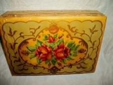 PRIMITIVE FOLK ART TOLEWARE BOX HP ROSES WOOD DIVIDED INITIALS JFR VARNISHED