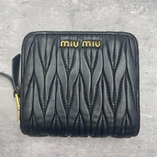 Miu Miu Folded Wallet Matelasse Bi-fold Leather Black Solid  Used From Japan