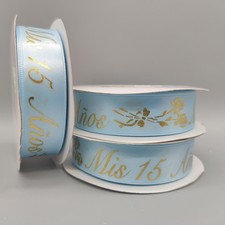 Mis 15 Años Sky Blue Satin Ribbon: Gold Spanish Text, Quinceañera - 25Y